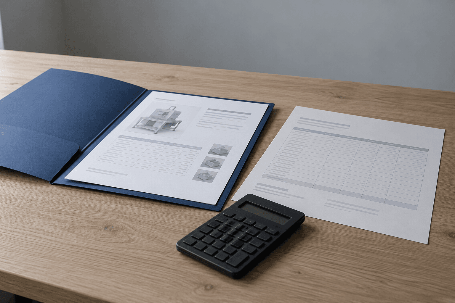 Een geopende werkmap met een offerteblad, een planningsblad en een rekenmachine op een eikenhouten tafel