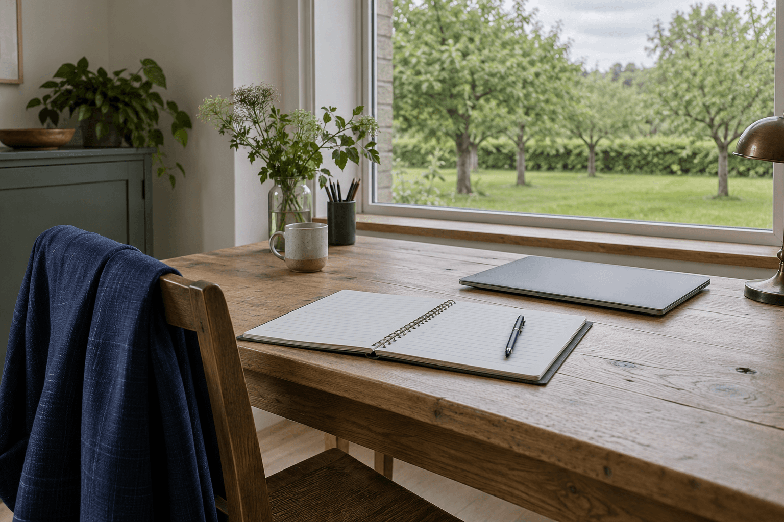 Een eikenhouten bureau met een opengeslagen notitieboek, een pen en een donkerblauw jasje over de stoel, met uitzicht op een boomgaard